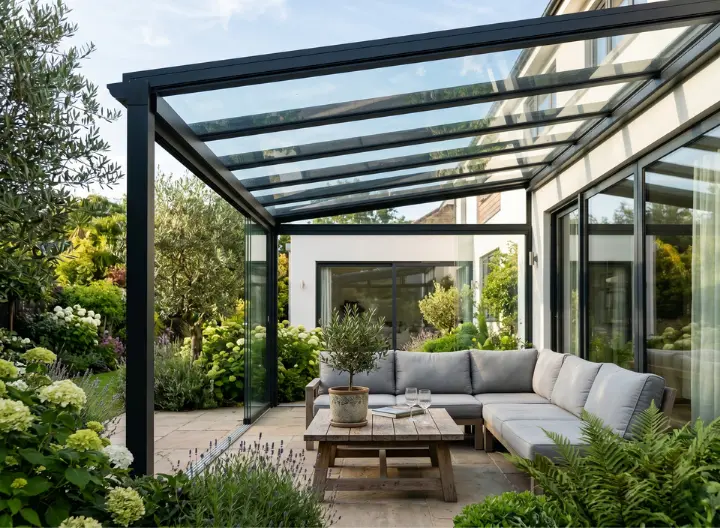 Modern home exterior with lighting design